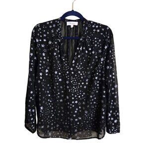Vince Camuto Sheer Black Silver Star Print V Neck Blouse Size S